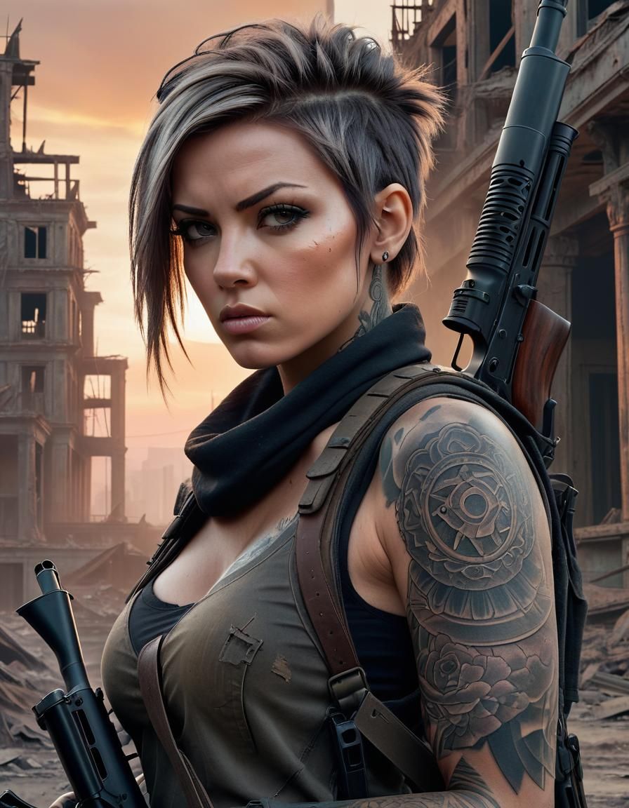 Tattooed Woman in Post-Apocalyptic Landscape