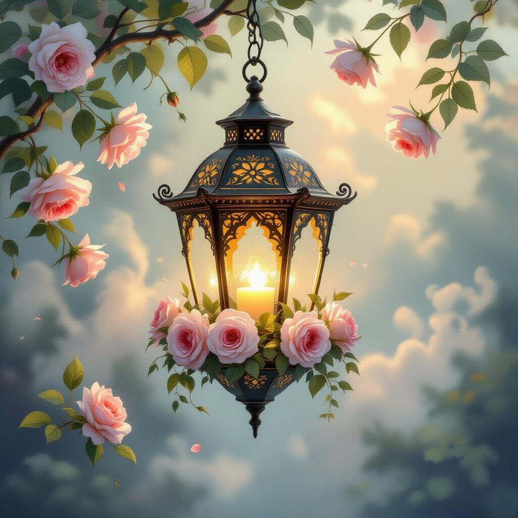 Lantern and Roses in Kinkade Style