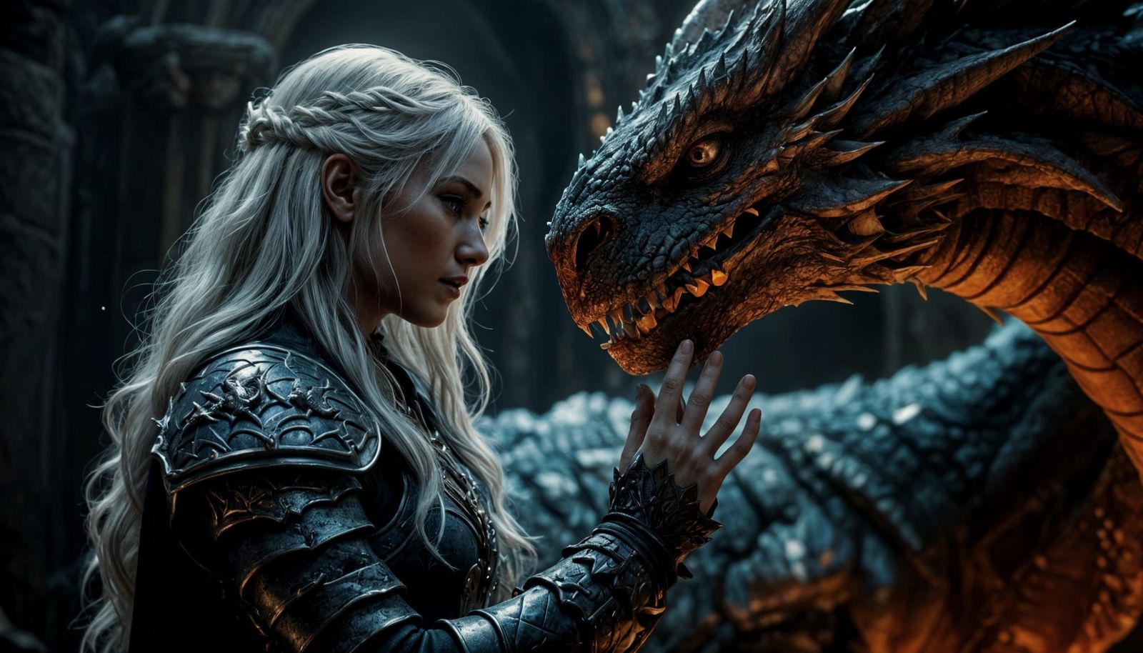Warrior Woman Tenderly Touches Her Majestic Dragon Companion