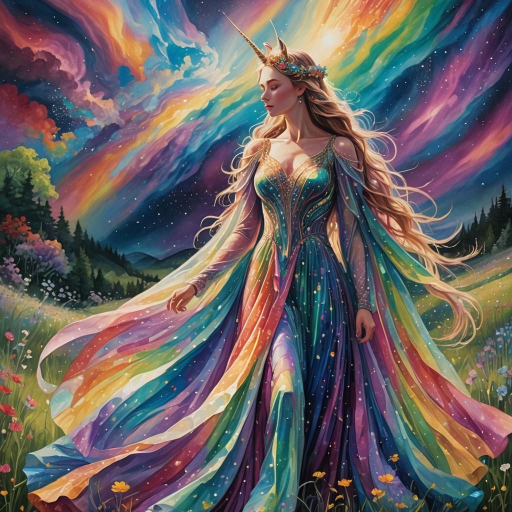 Woman in Unicorn Dress in Magical Meadow