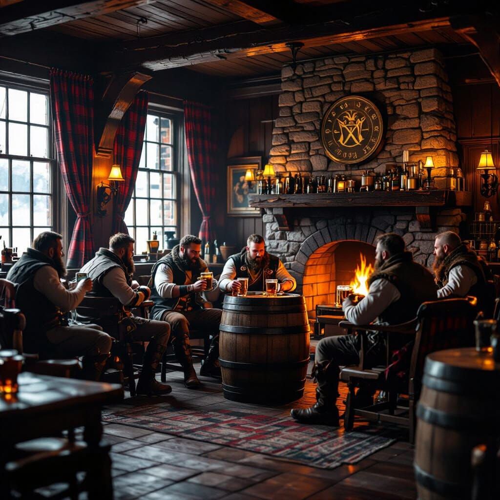 Cozy Highlander Pub Interior with Men Clinking Tankards
