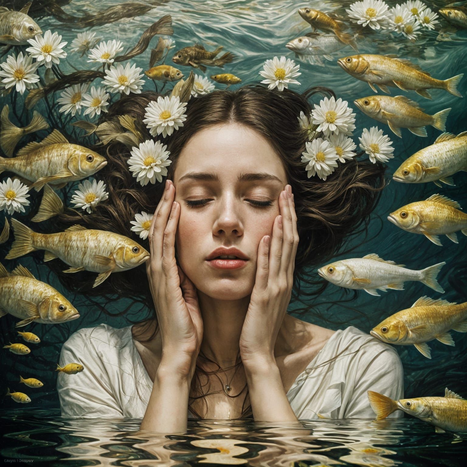 Woman in Water with Flowers, Detailed Oil Painting