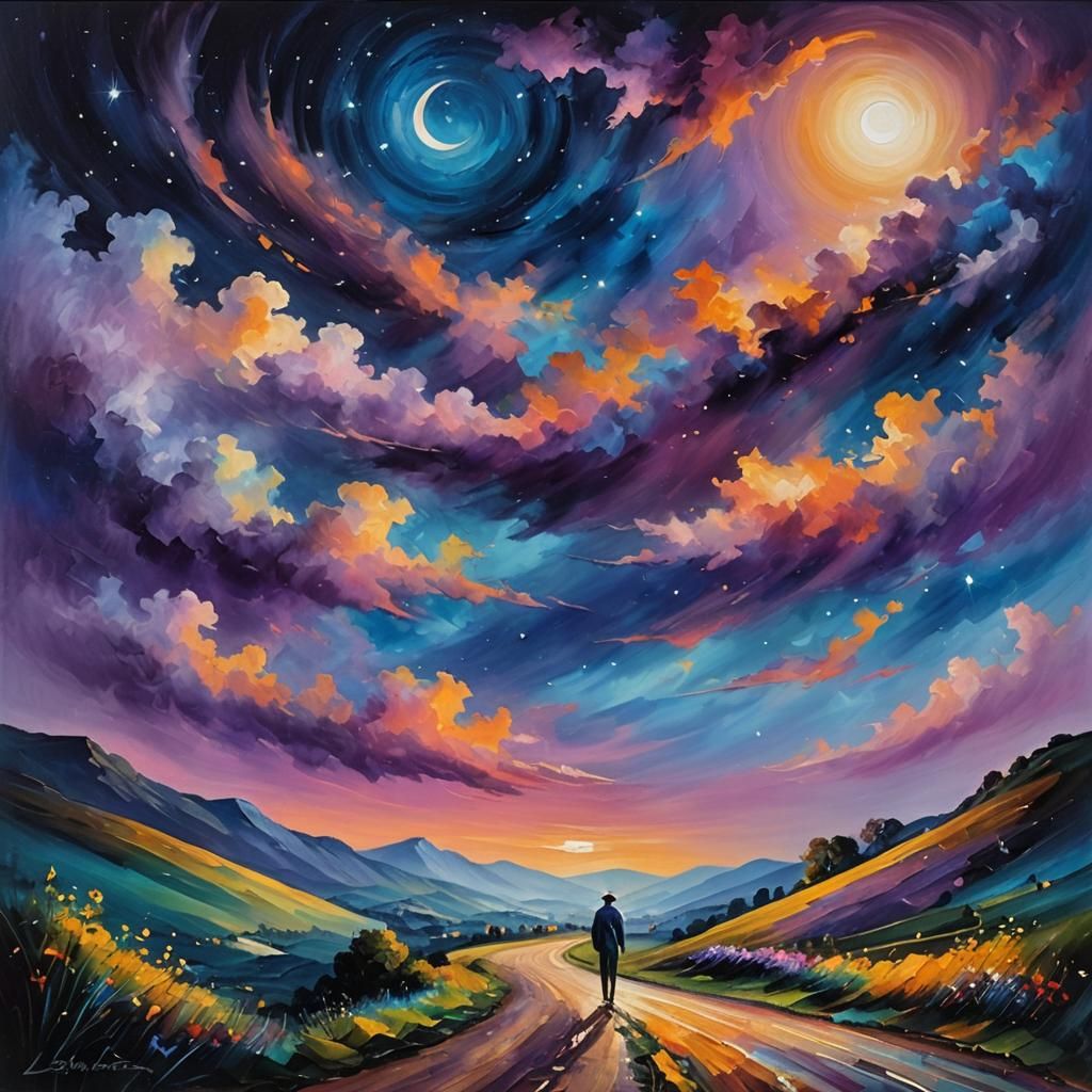 Starry Night Road: Expressive Oil Painting