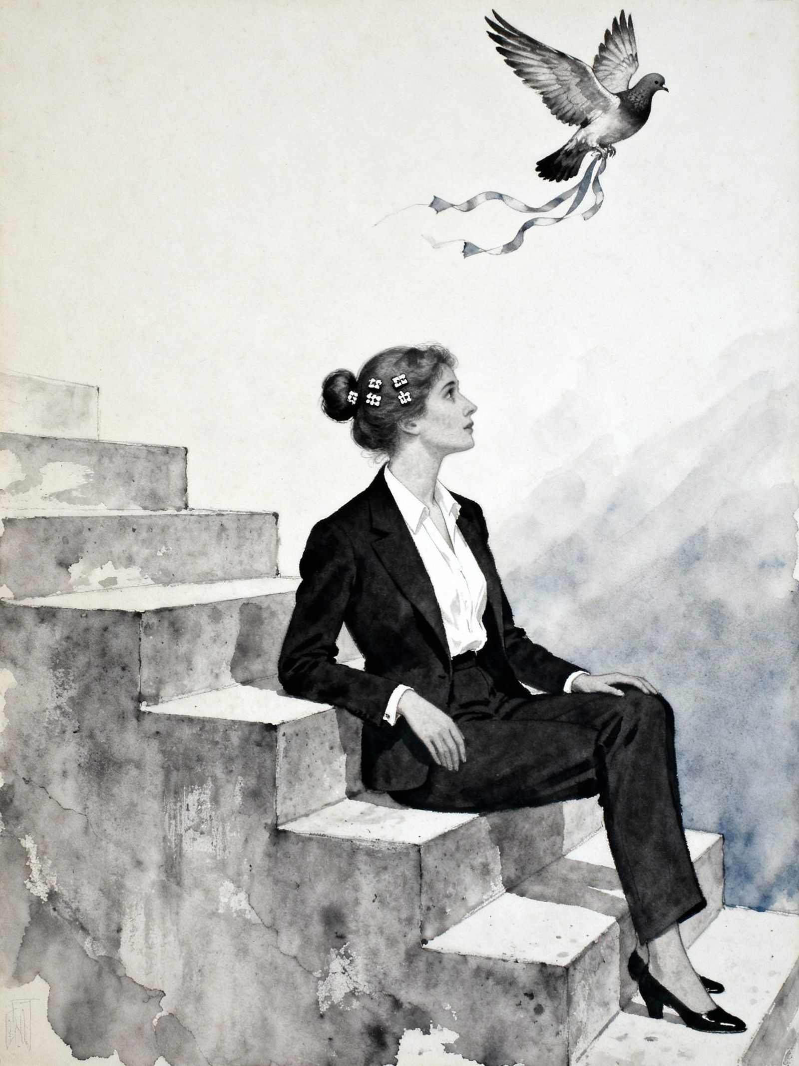 Woman in Suit with Flying Pigeon in Greece
