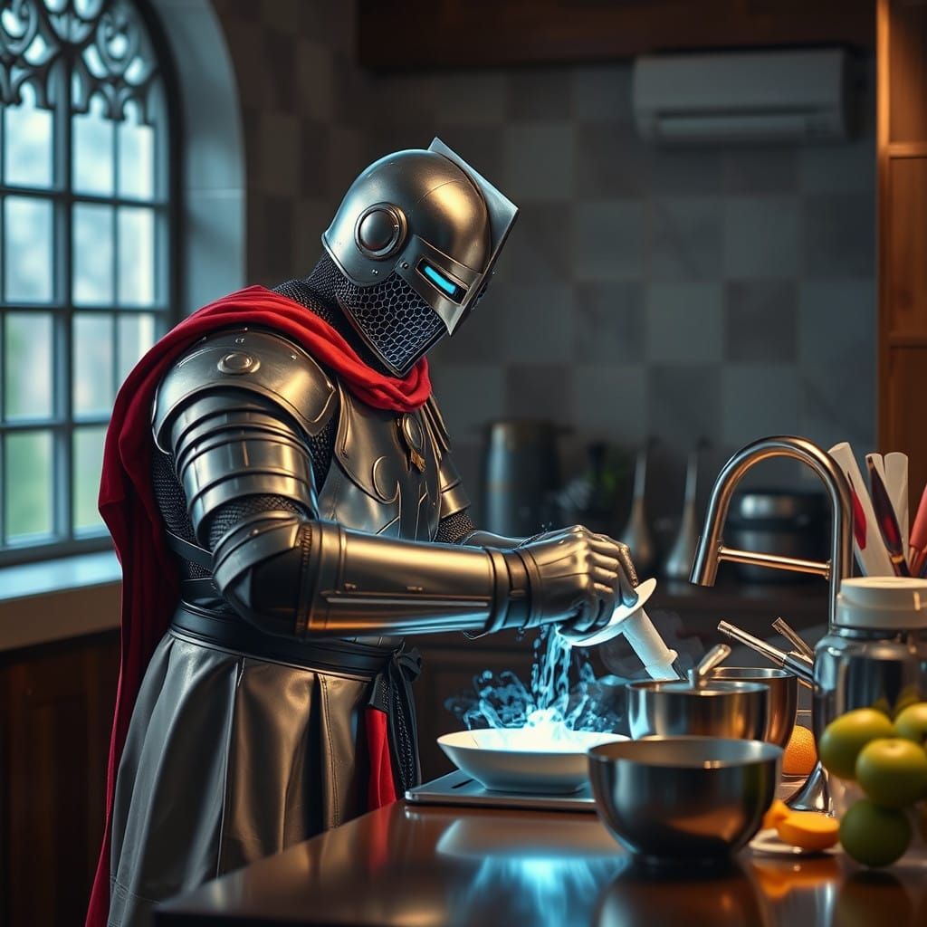 Medieval Knight Washes Dishes in Modern Times