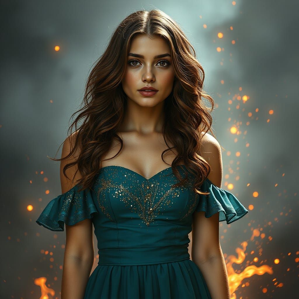 Dystopian Fire Goddess in Glittering Gown