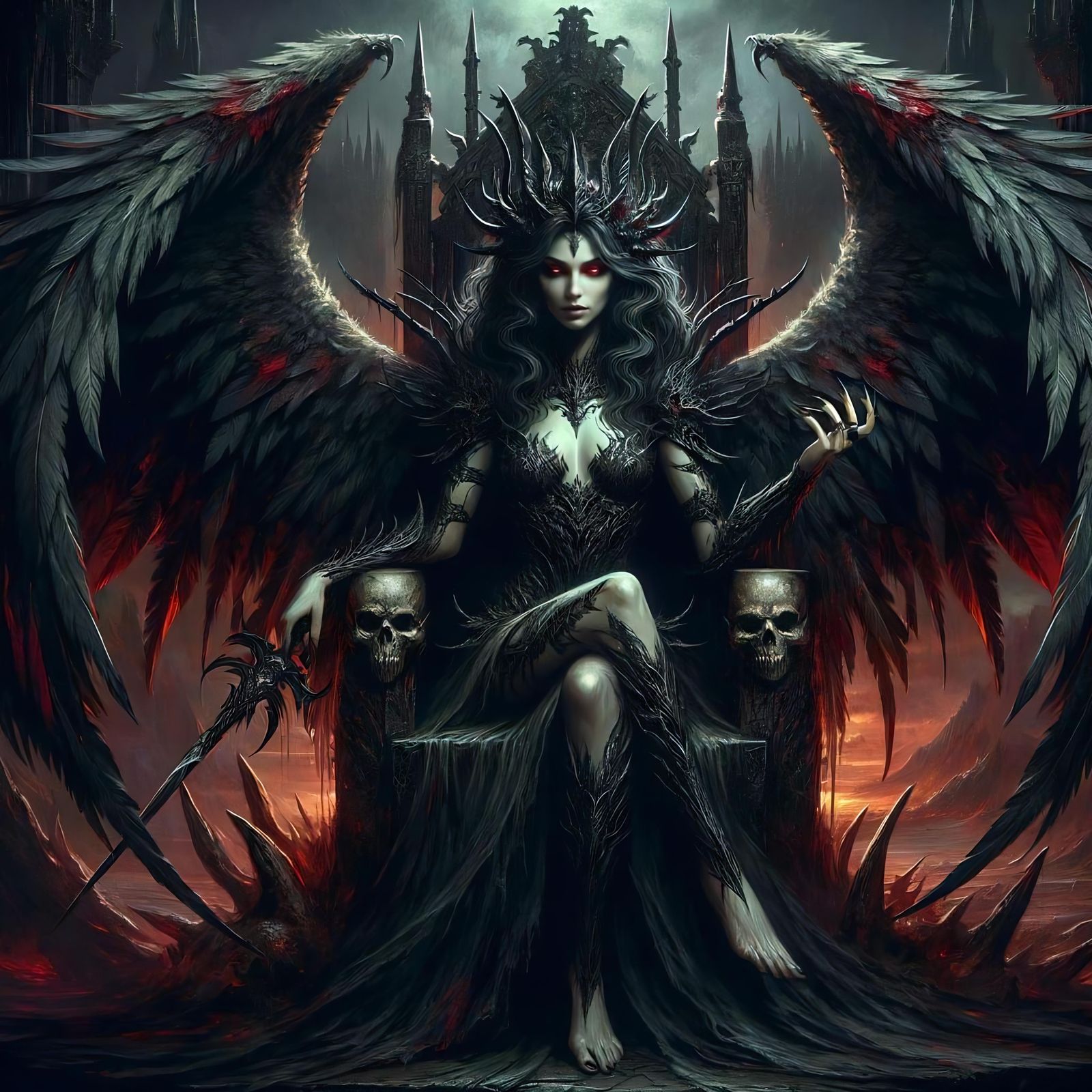 Erinyes: Winged Warrior on Throne in Dark Fantasy Art