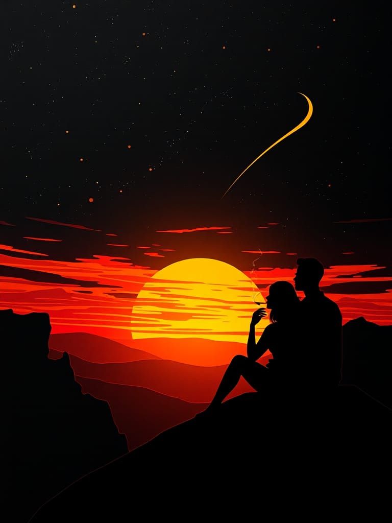 Papercut Couple Watching Sunset Silhouette Art
