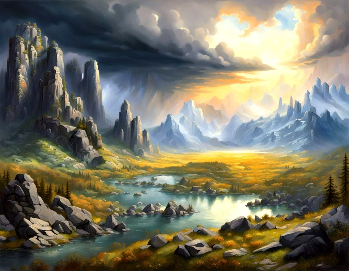 Fantasy Kingdom on Rocky Outcrops Under Stormy Sky