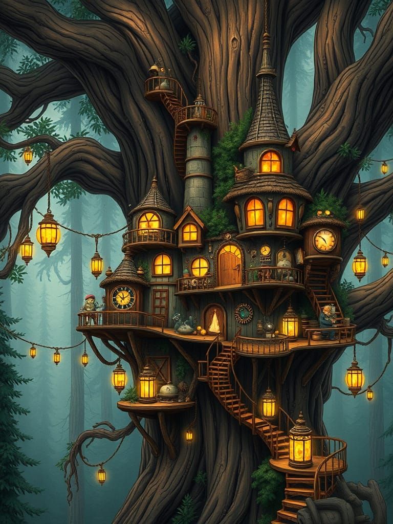 Steampunk Treehouse Village in Ancient Redwood