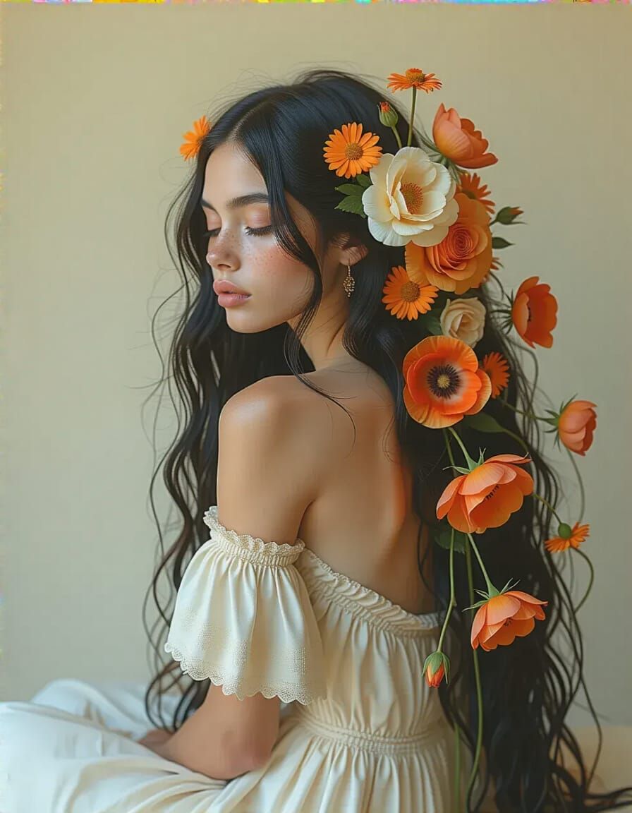 Ethereal Portrait of Argentine Woman with Floral Adornments