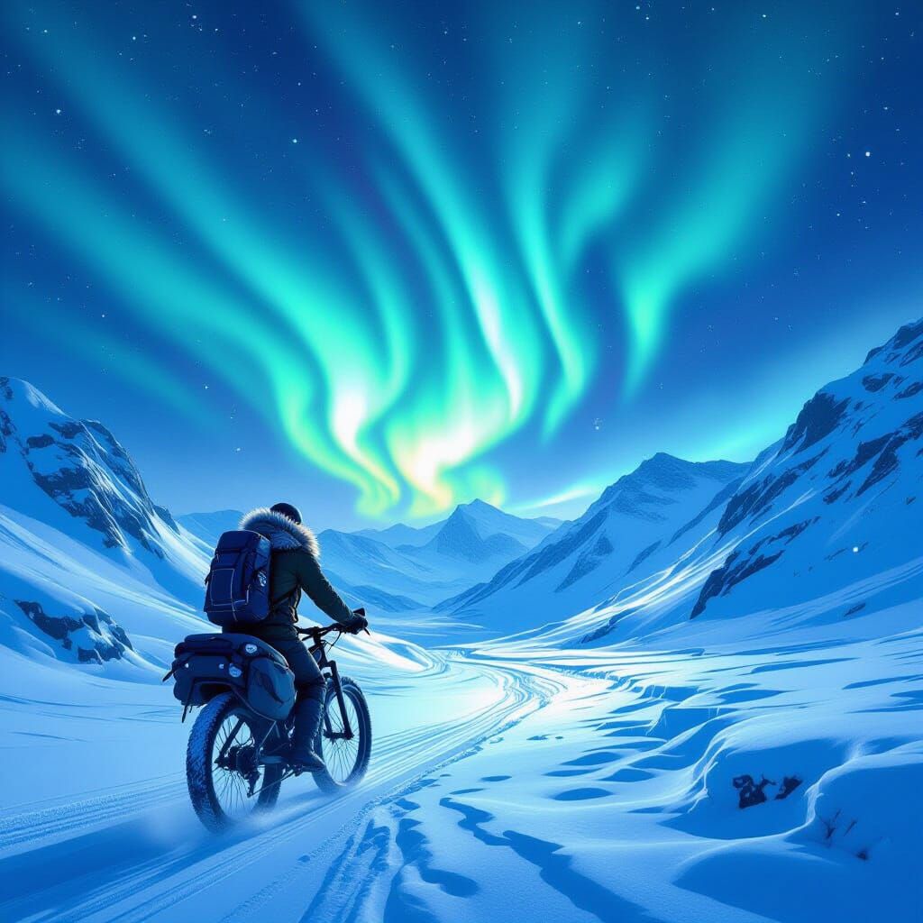 Cyclist Braving Icy Mountains Under Aurora Borealis