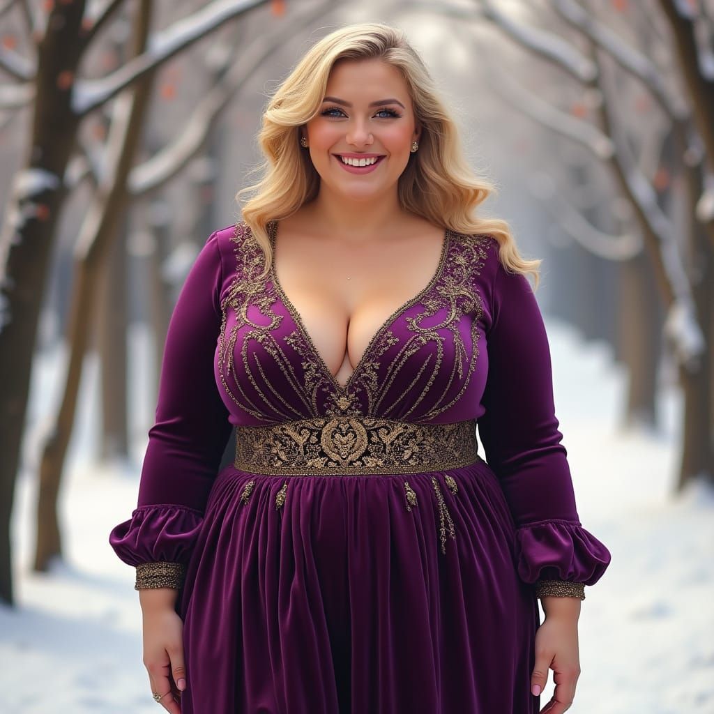 Elegant Plus-Size Woman in Deep Purple Velvet Dress, Surroun...