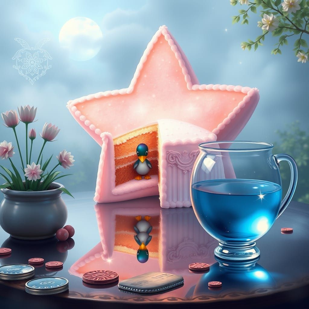 Ethereal Star Cake with Duck Reflection in Water