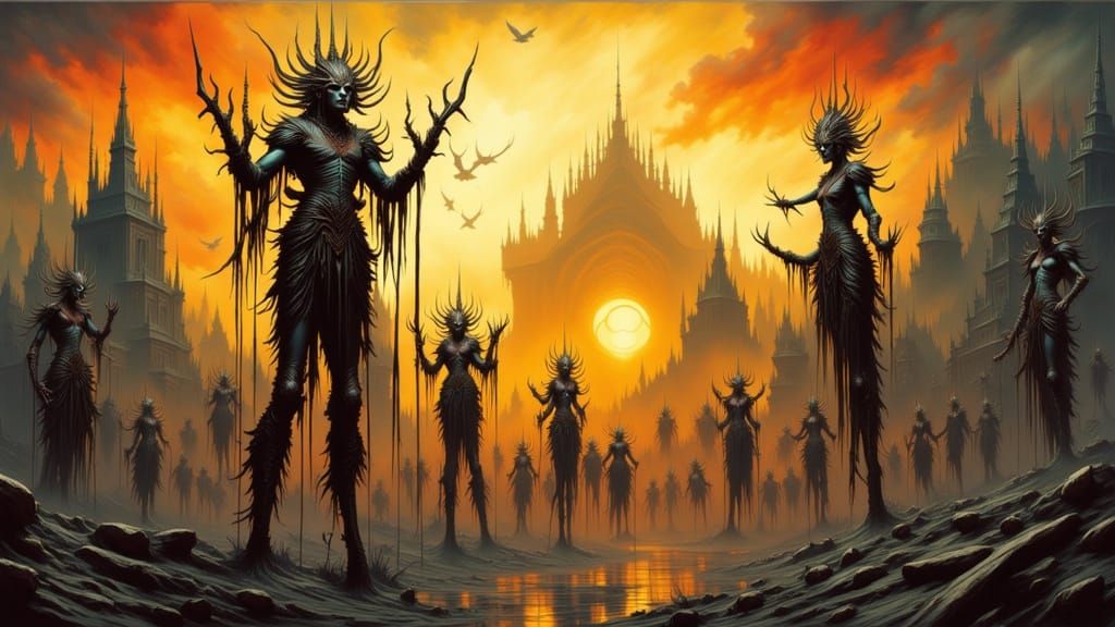 Fantasy Stilt Walker Parade at Golden Hour Sunset