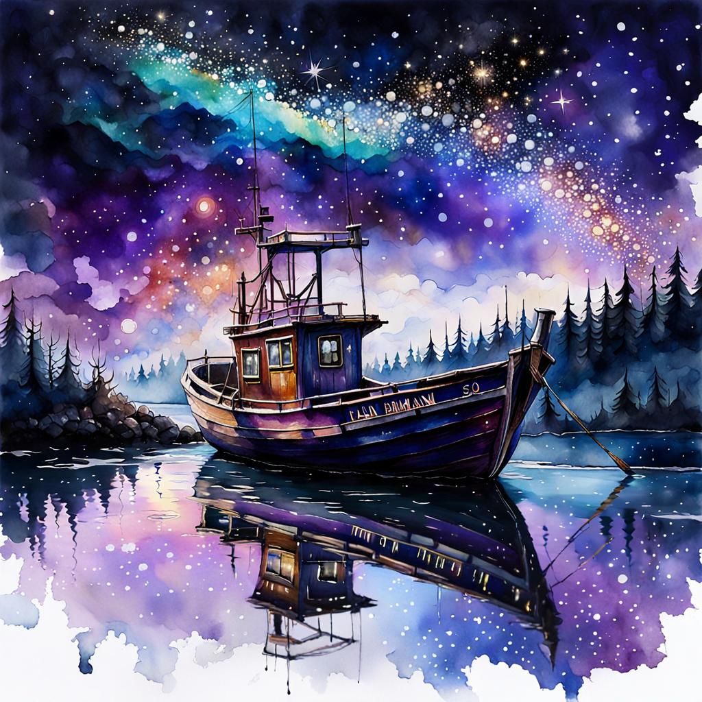 Fishing Boat Soaring Through Starry Night Sky