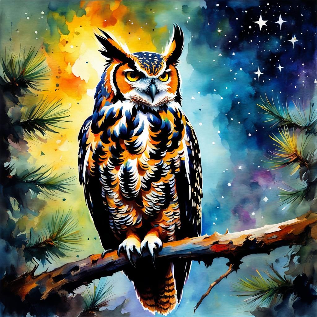 Great Horned Owl on Starry Night Branch