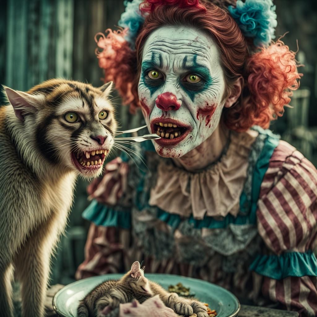 Cinematic Zombie Clown Eating a Cat