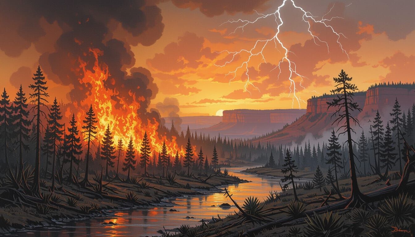 Jurassic Wildfire Oil Painting with Lightning Strike