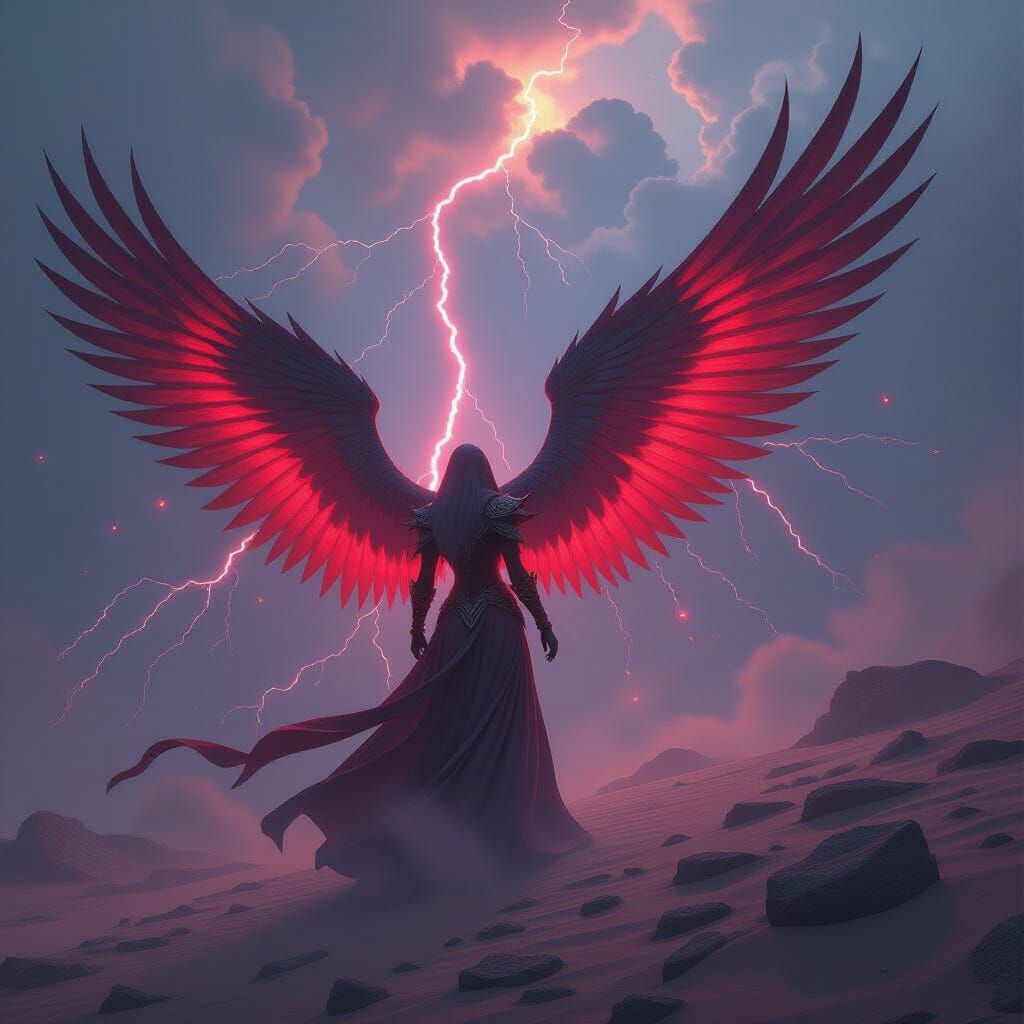 Sandstorm Wings with Red Lightning in Dark Fantasy Style