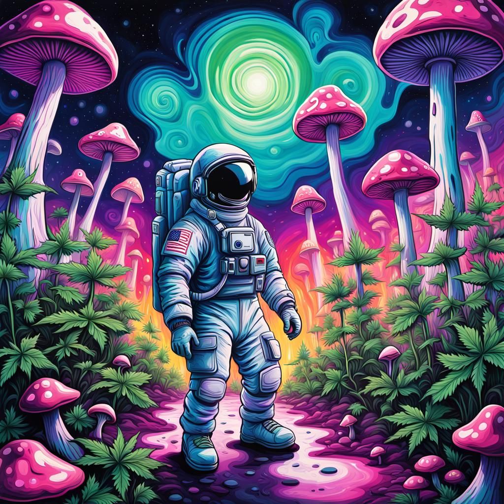 Psychedelic Astronaut in Mushroom Field, Graffiti Art