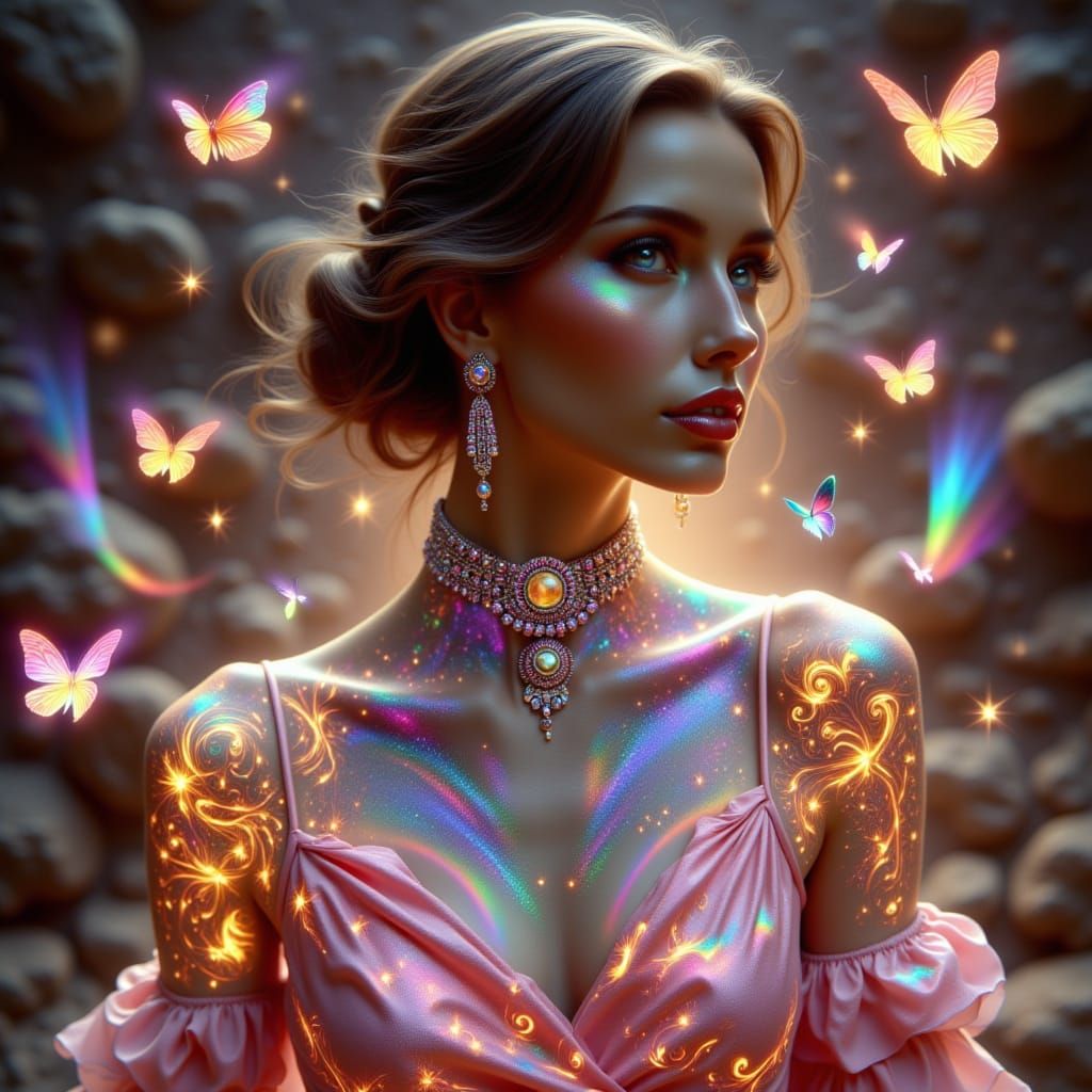 Mystical Woman with Glowing Tattoos and Butterflies