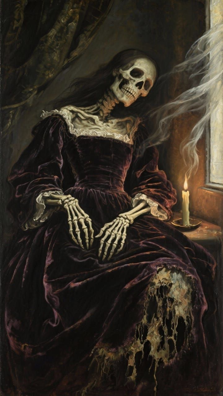 Gothic Oil Painting of Skeletal Hands and Rotting Dress