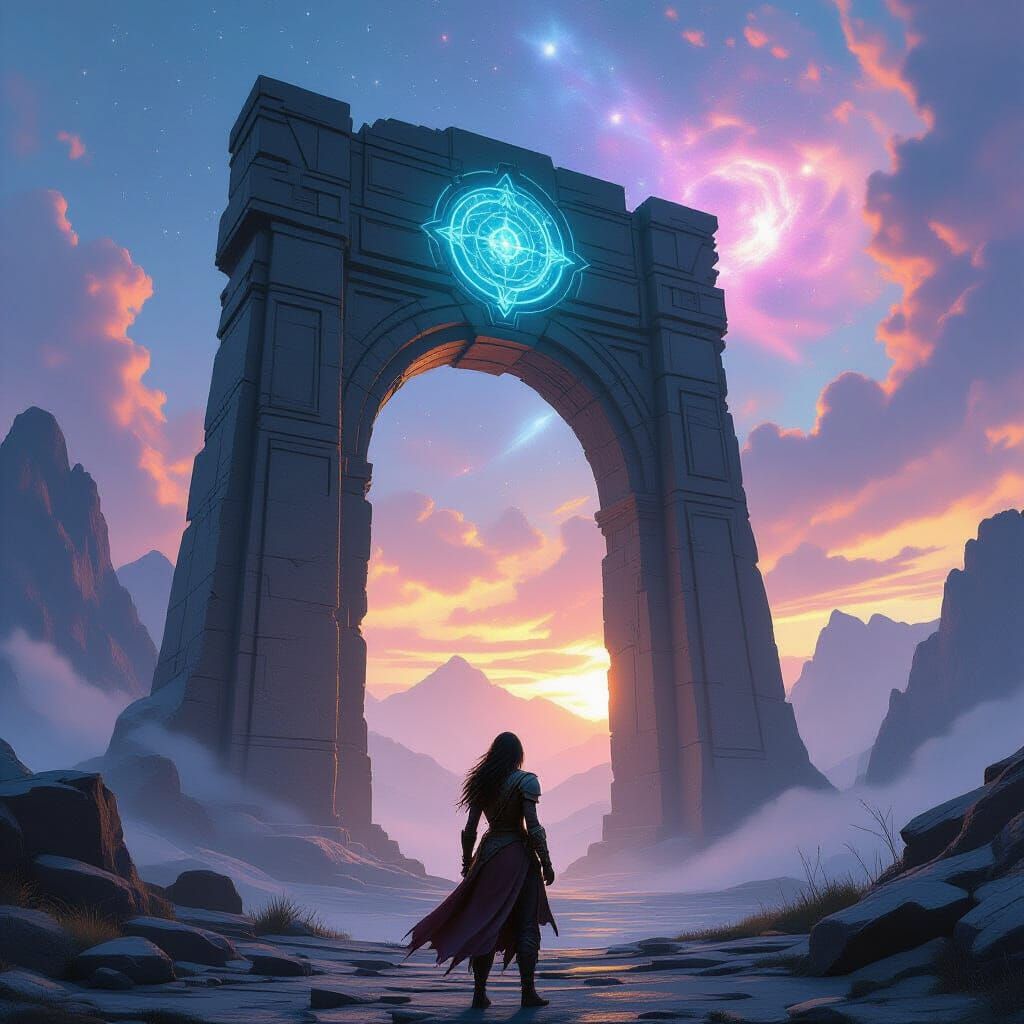 Wanderer Before Celestial Archway: Hyperrealistic Concept Ar...