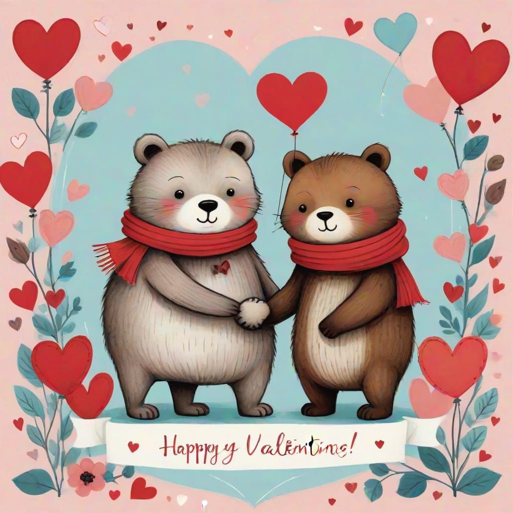 Whimsical Valentine's Day Card with Loving Animals