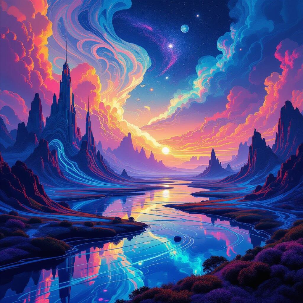 Surreal Landscape with Dreamlike Architecture and Swirling P...