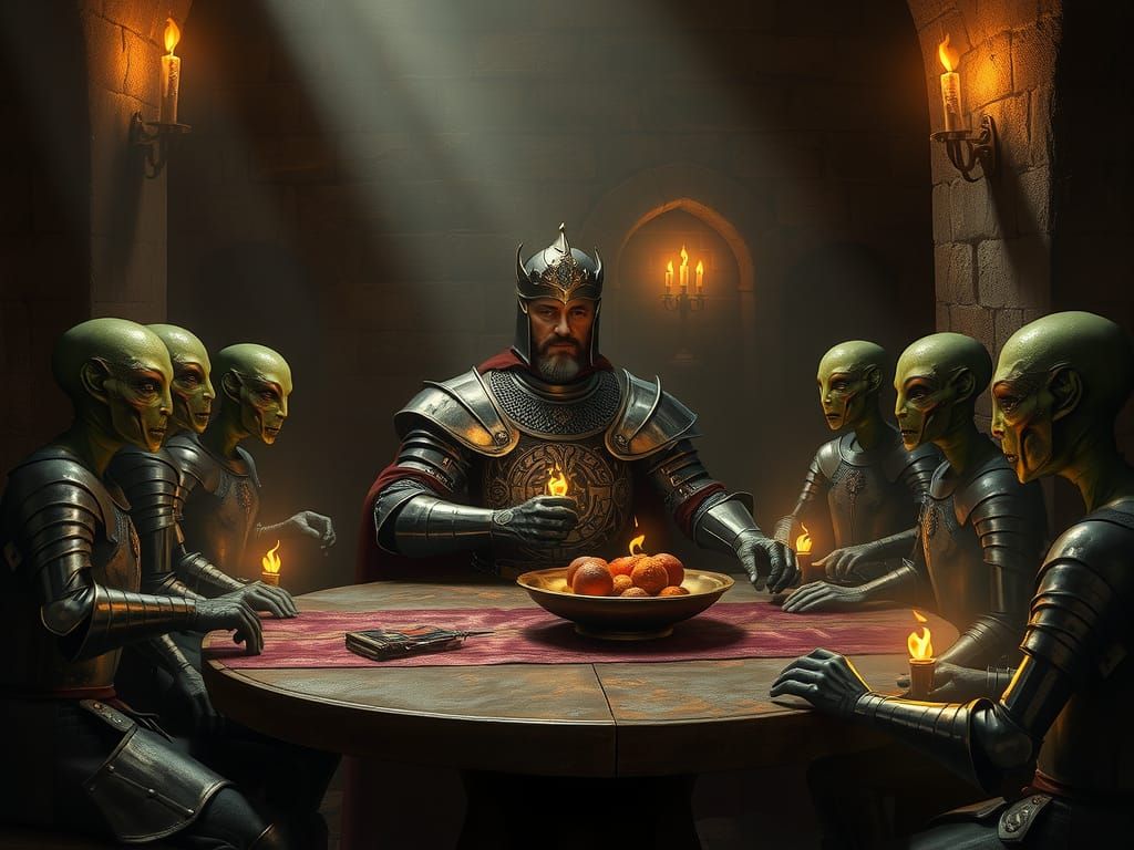 King Arthur and Green Aliens at Round Table