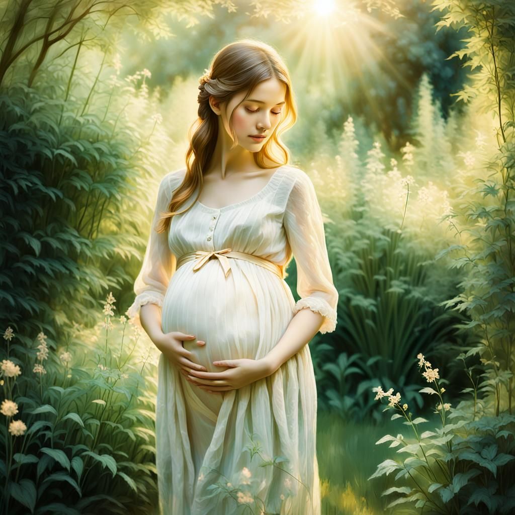 Pregnant Woman in Garden, Impressionistic Portrait