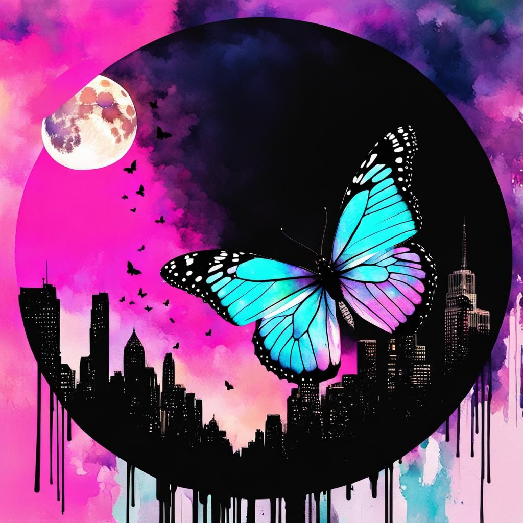 Neon City Butterfly Double Exposure Watercolor Splash Art