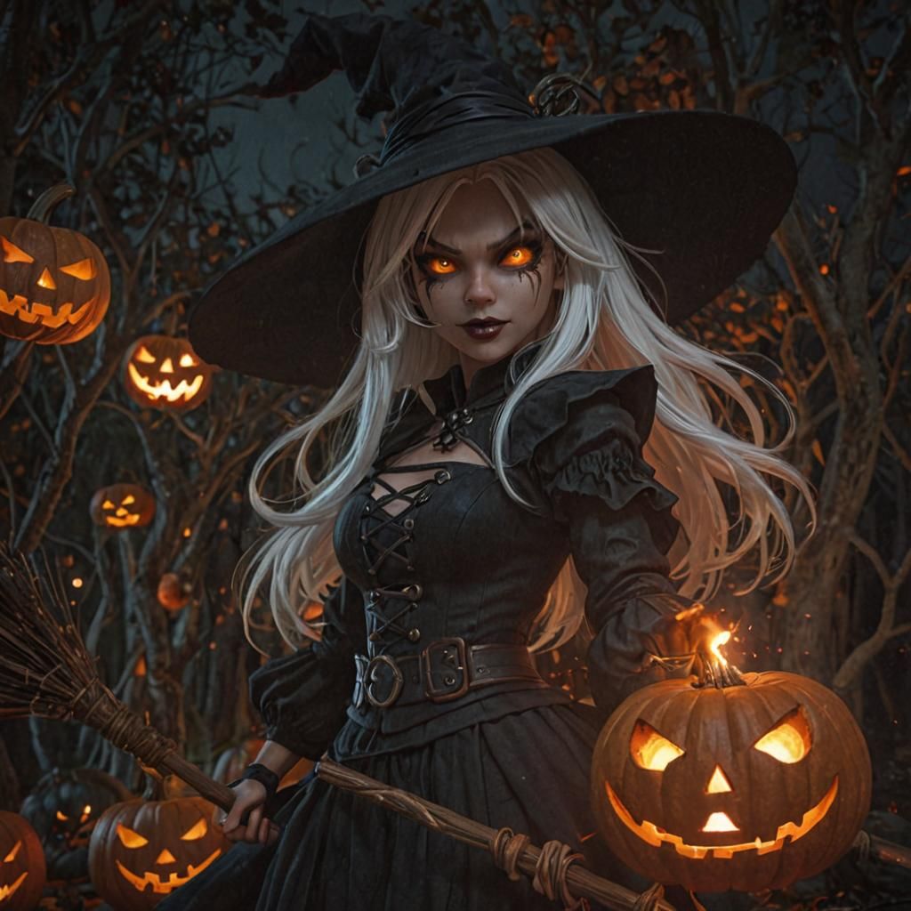 Dark Fire Witch in Burning Jack-o-Lantern Forest