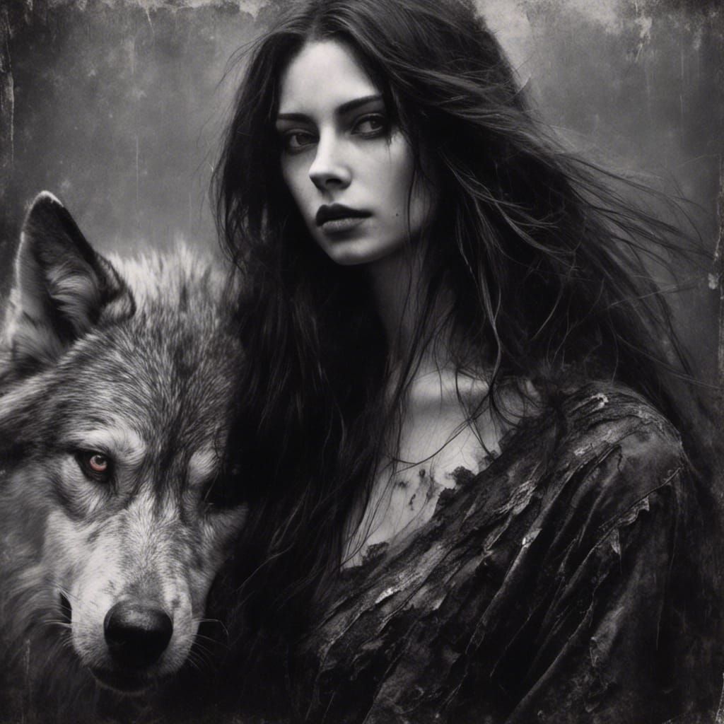 Woman and Wolf Portrait in Black and White