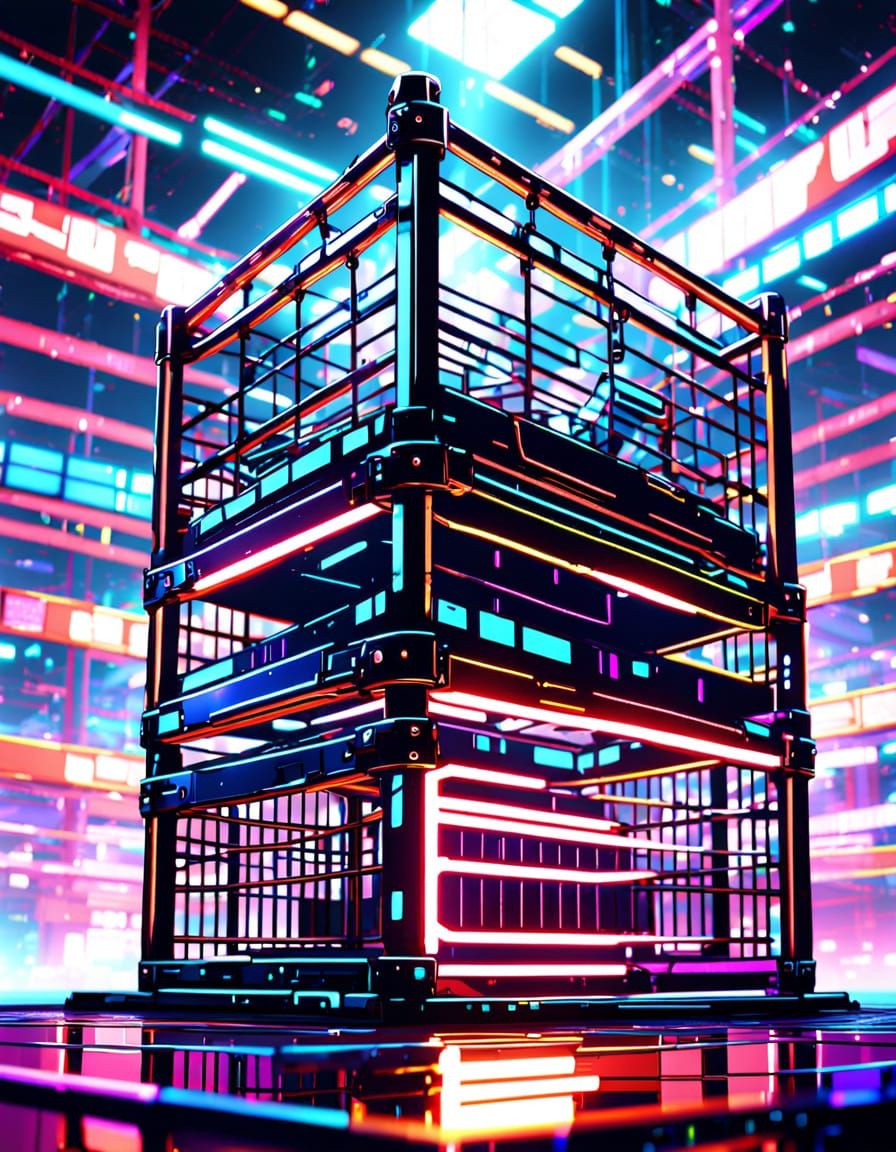 Futuristic Anime Wrestling Cage with Neon Lights