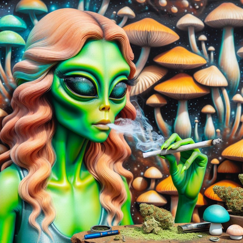 Realistic Alien Woman Smokes Marijuana in a Fungal Wonderlan...