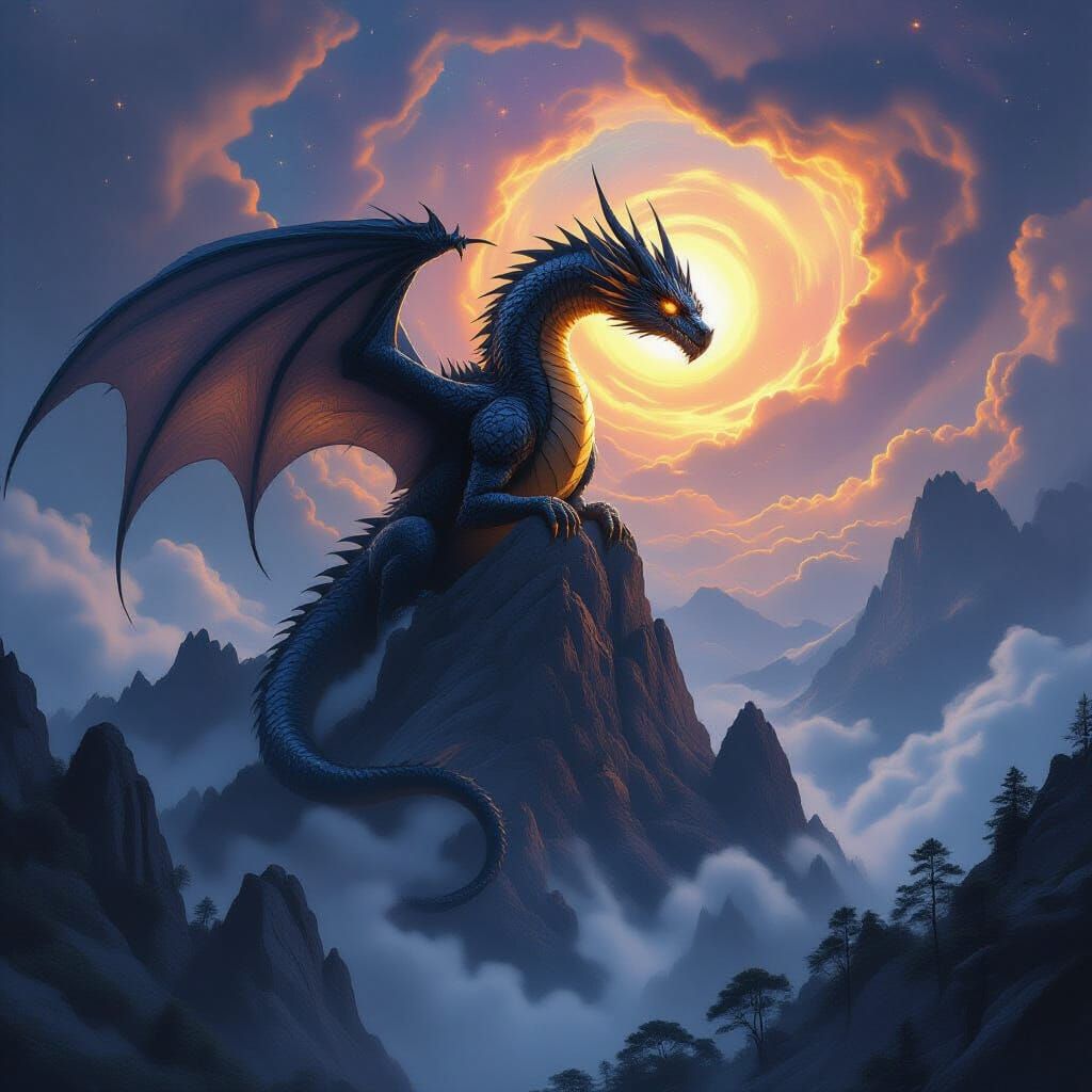 Ancient Dragon on Misty Peak in Cosmic Sky