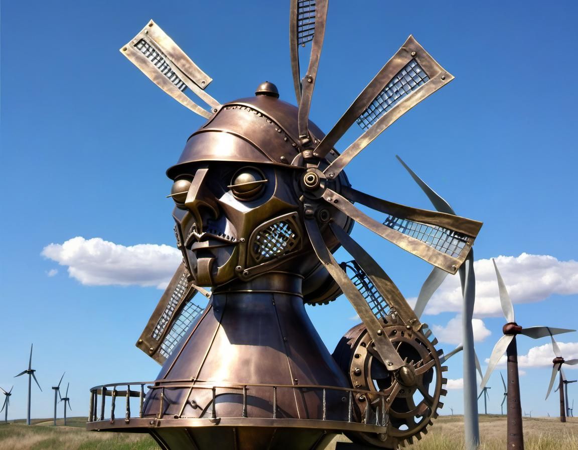 Steampunk Metal Don Quixote Sculpture on Sunny Day