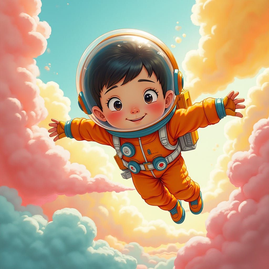 Boy in Whimsical Zero-Gravity Wonderland