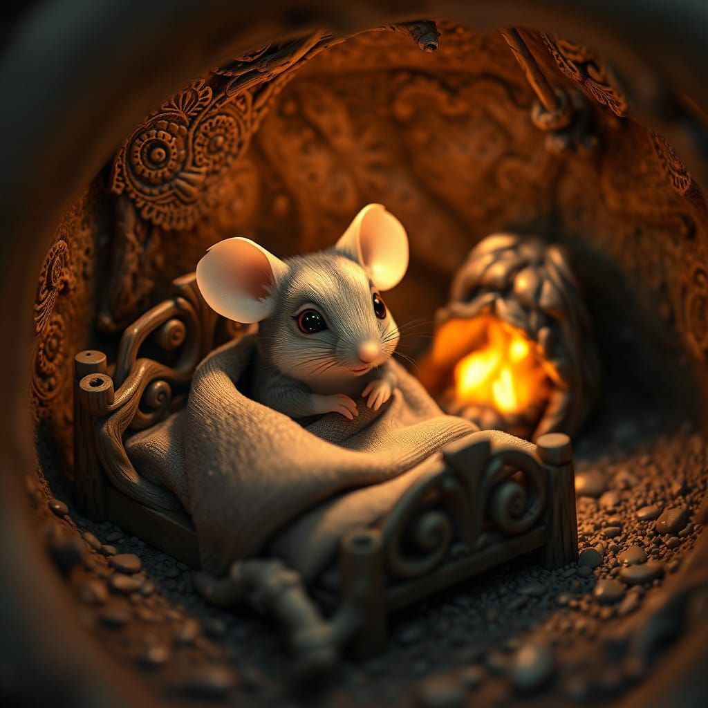 Whimsical Mouse in Cozy 3D Anime Art Sanctuary