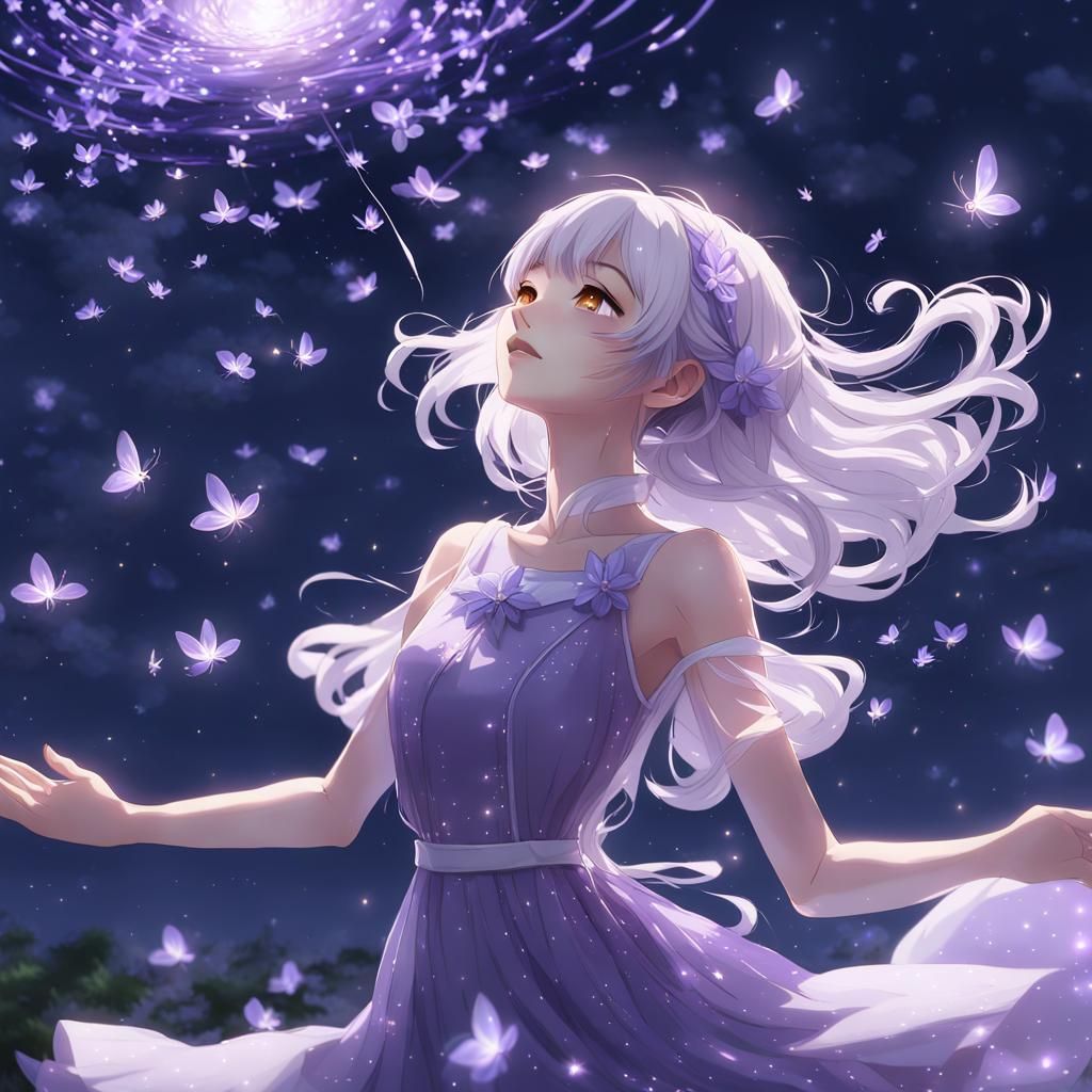 Anime Girl Floating in Night with Fireflies