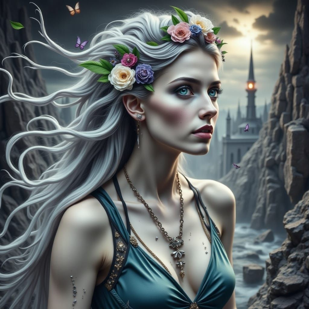 Witch Lady Walking on Black Clouds in Gothic Cubism