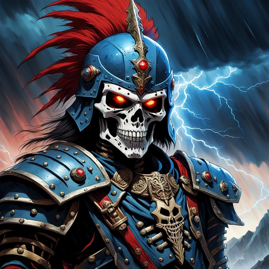 King Skeleton Warrior in Thunderstorm, Fantasy Art