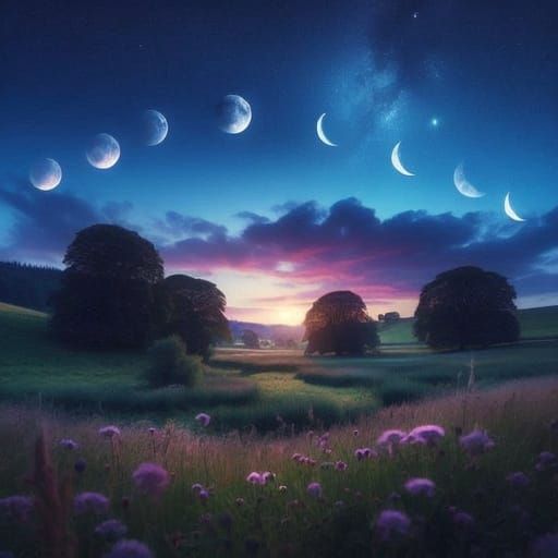 Tranquil Country Meadow at Dusk with Moon Phases