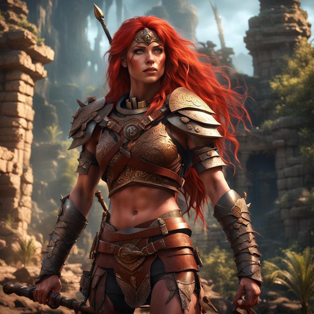 Amazon Warrior in Ruins: Detailed Matte Painting