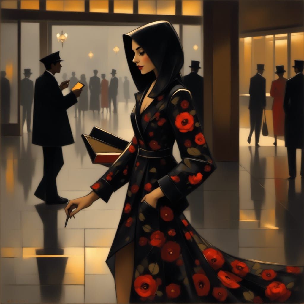 Elegant Woman in Floral Hoodie Dress at Hotel Lobby