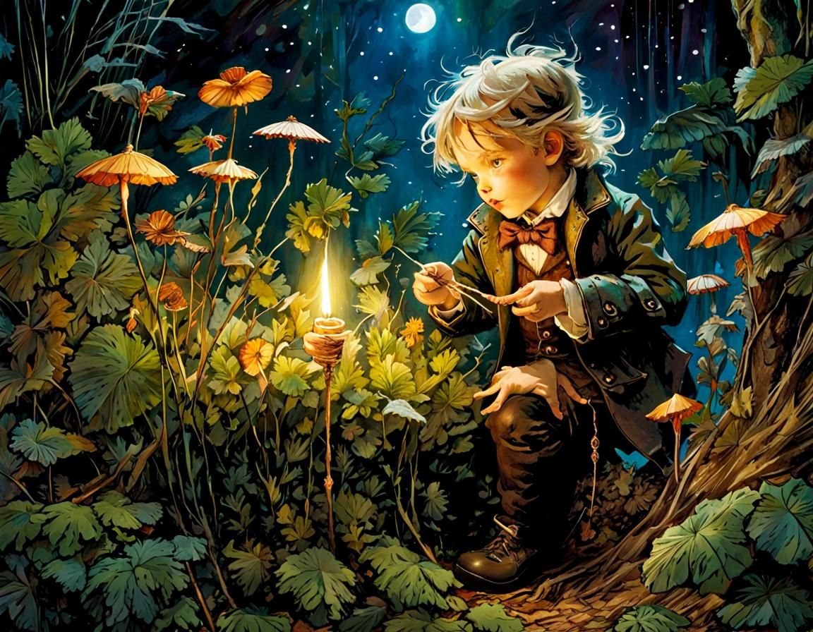 Enchanted Boy in Snowy Garden, Detailed Fantasy Art