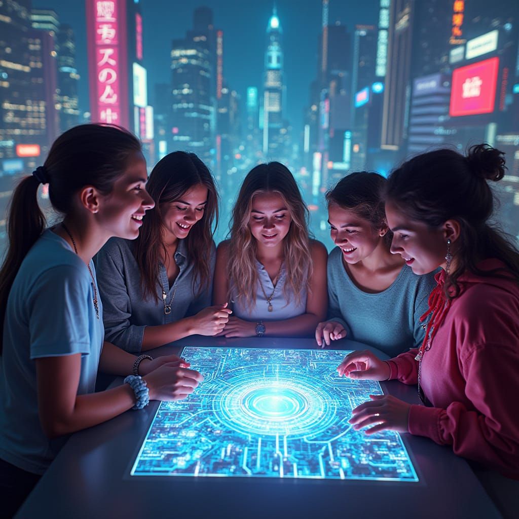 Young People Explore Web3 in Cyberpunk Cityscape