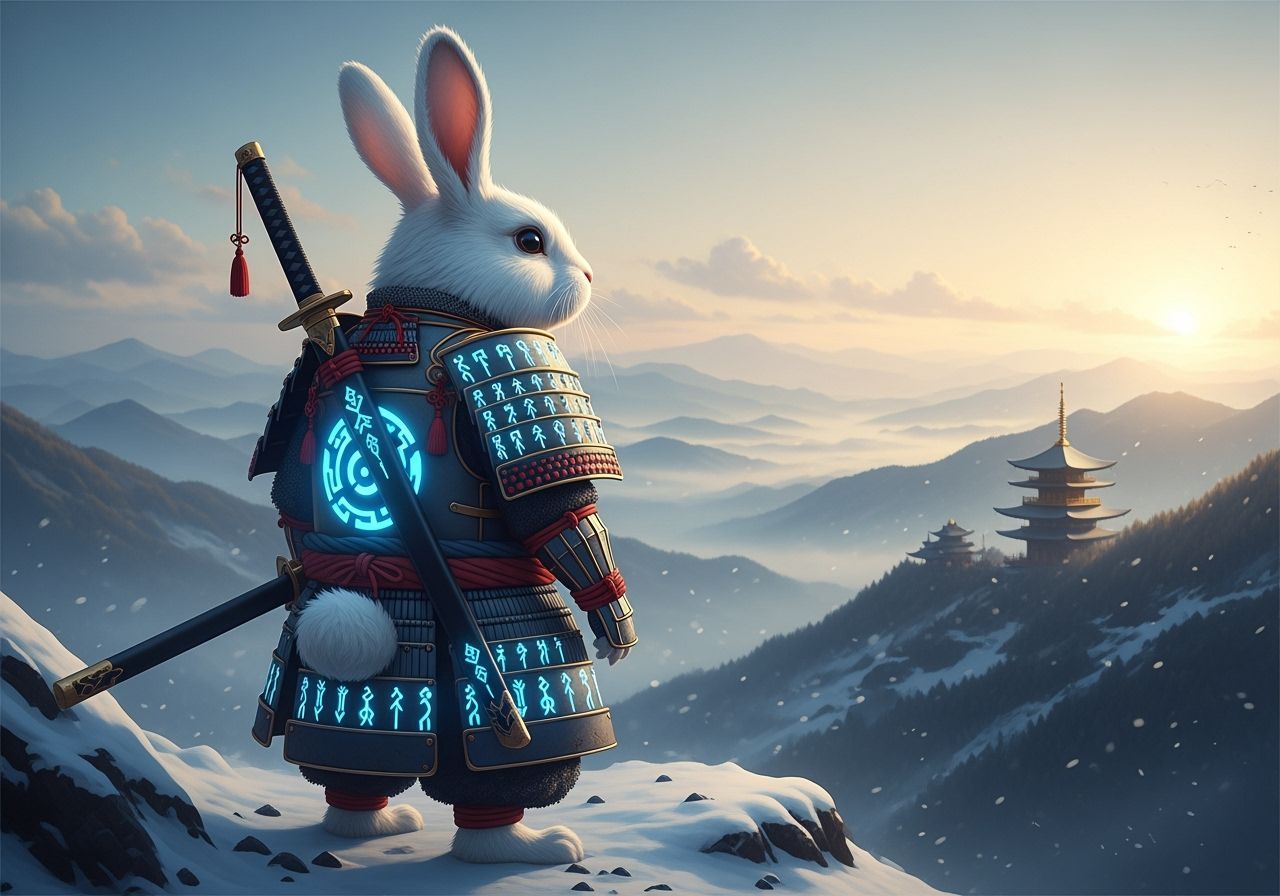 Rabbit Samurai on Misty Mountain in Ghibli Style